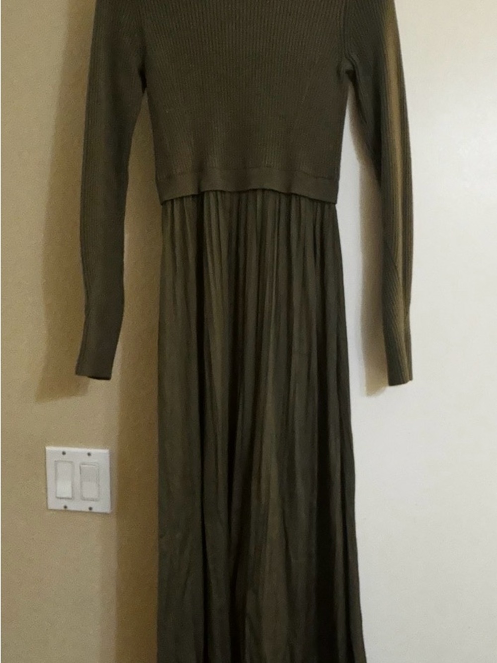 Anthropologie Olive Green Long Knit & Pleated Maxi Dress